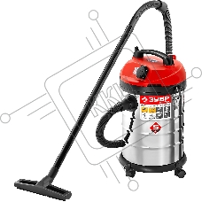 Строительный пылесос ЗУБР ПУ-30-1400 М3 серый/красный, 1400 Вт, уборка сухая/влажная/выдув, пылесборник мешок/контейнер, 30 л